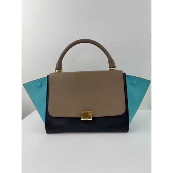 CELINE Trapeze Black Turquoise Teal Taupe Tricolor Leather 2 Handle Strap ITALY - Picture 13 of 16